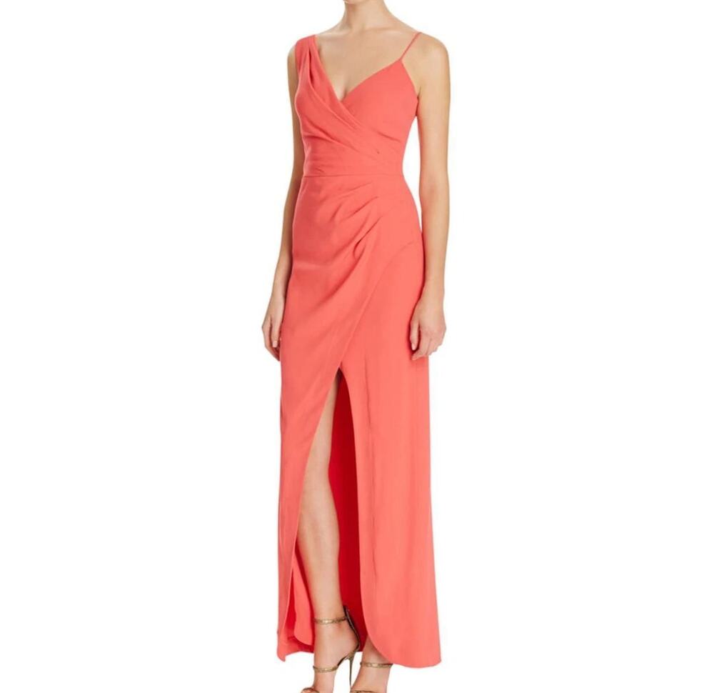 NICOLE MILLER Collection elegant coral pink ruched formal long maxi dress